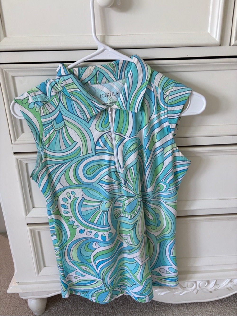 Lightweight Sleeveless Polo with Blue & Green Swirl Print